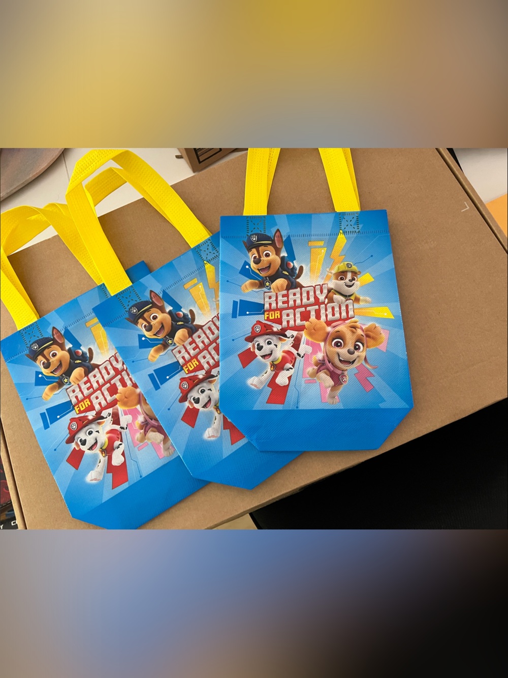 Set of 3 Paw Patrol Ready for Action Blue Party Tote Bags with Yellow Handles